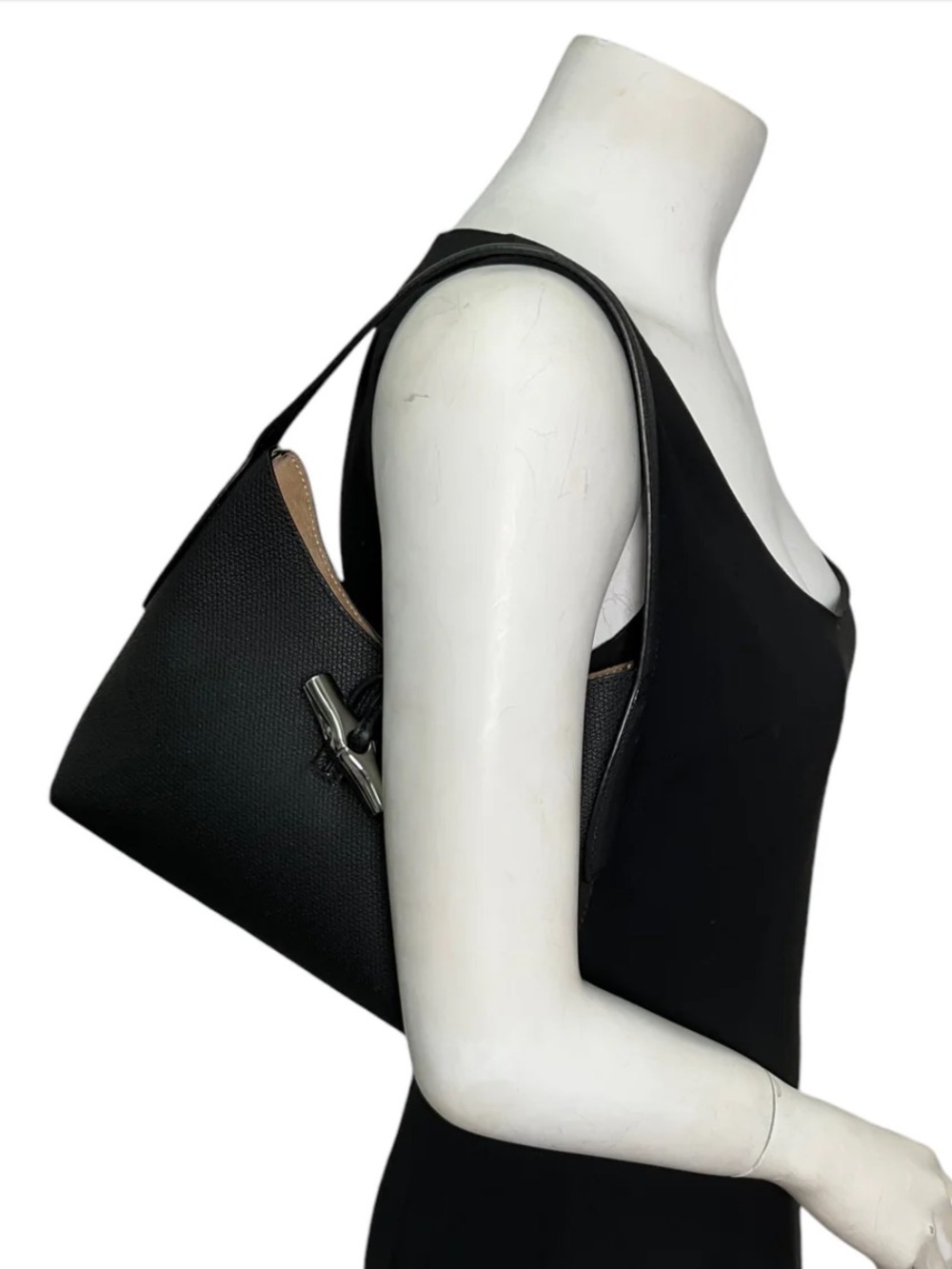 Longchamp Le Roseau Black Grained Cowhide Leather Small Hobo Bag NWOT RARE - Picture 6 of 9